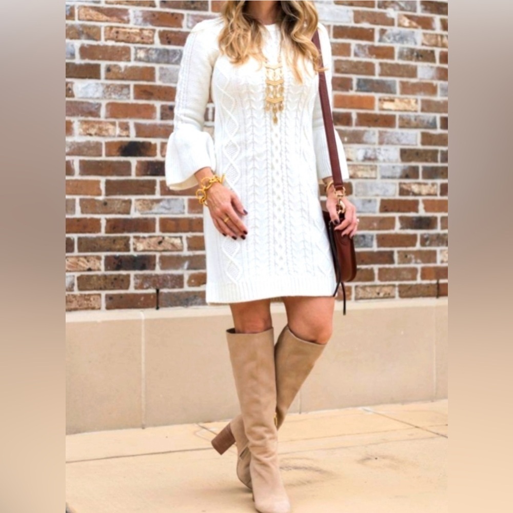 Eliza J Cream Cable Knit Sweater Dress with Bell Sleeves - Size Small